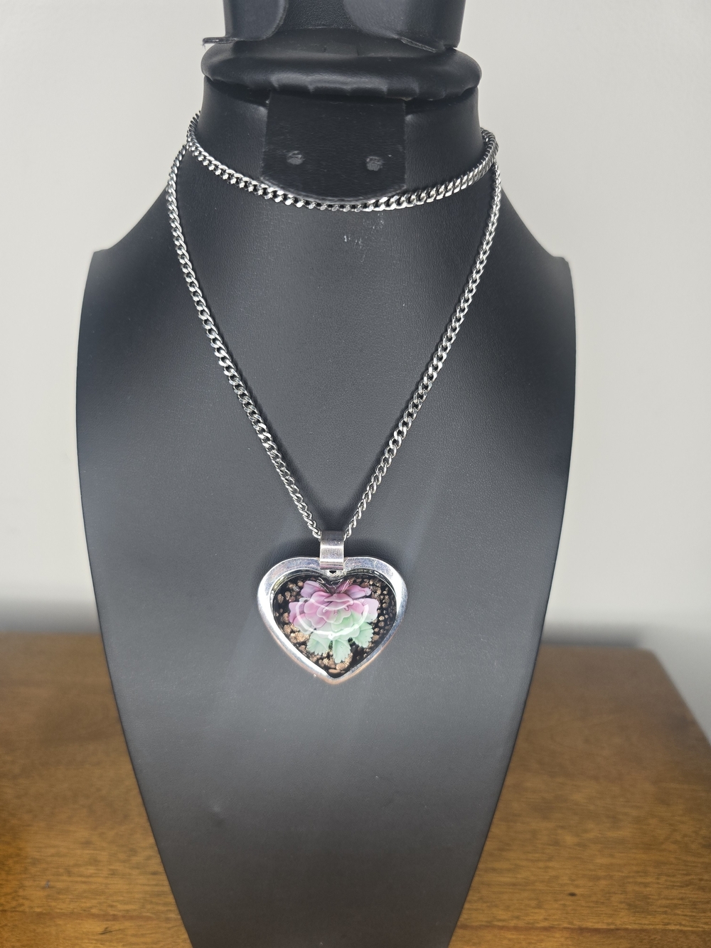 Silver Heart Pendant Necklace with Pink and Mint Floral Accent
